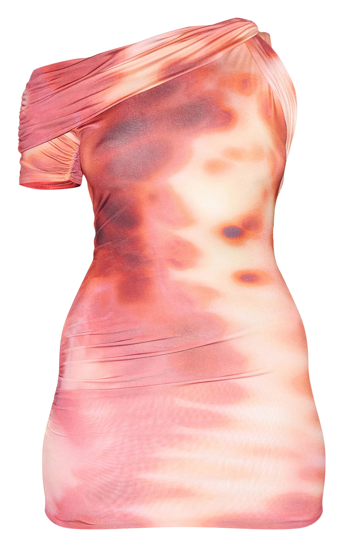 Pink Abstract Print Double Layer Slinky Ruched One Shoulder Mini Dress