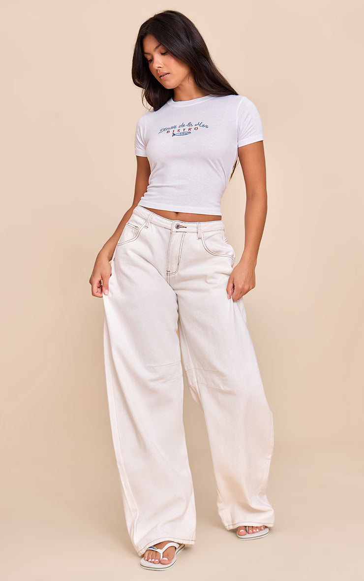 White Sardine Graphic Cropped Fitted T-shirt