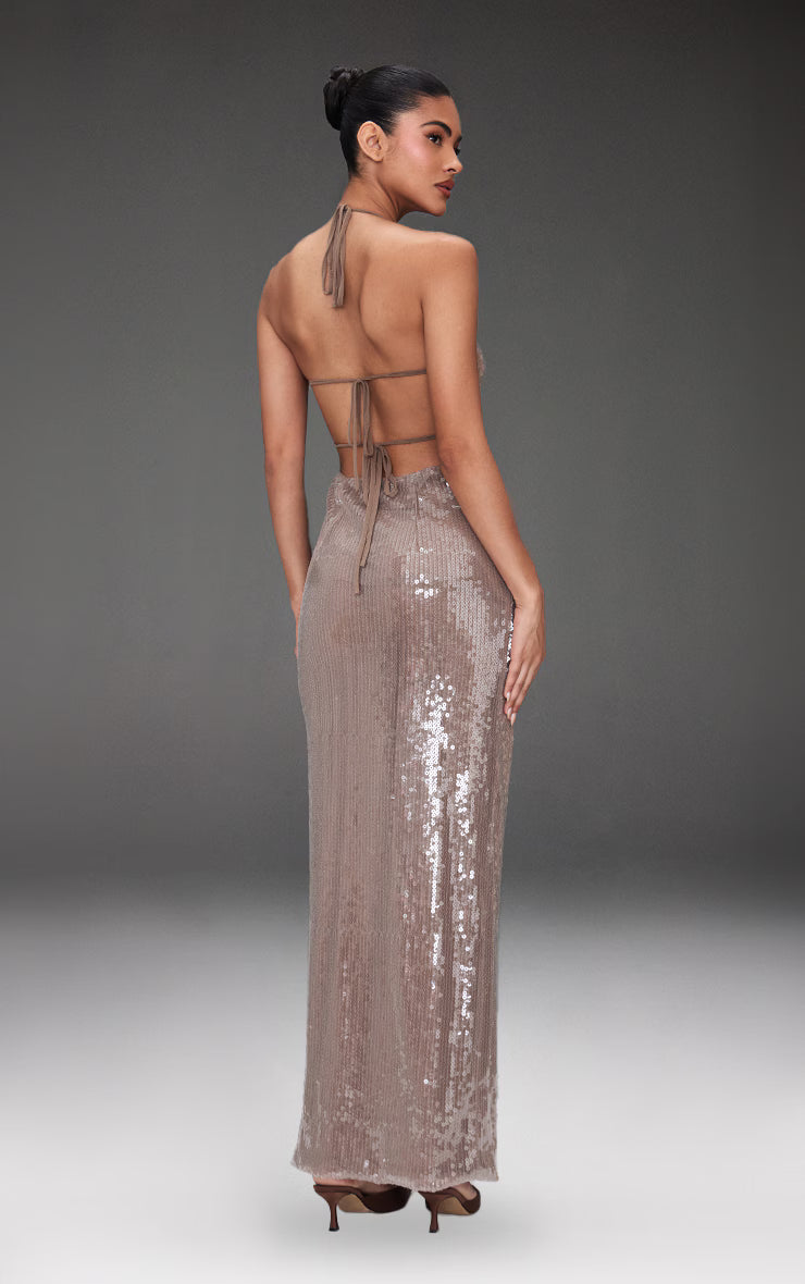 Light Nude Sequin High Neck Plunge Maxi Dress