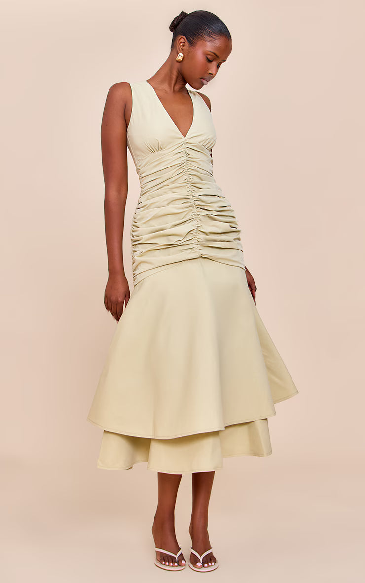 Sage Woven Ruched Dropped Waist Midaxi Dress
