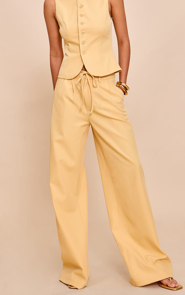 Butter Yellow Tailored Tie Detail Woven Wide Leg Pants