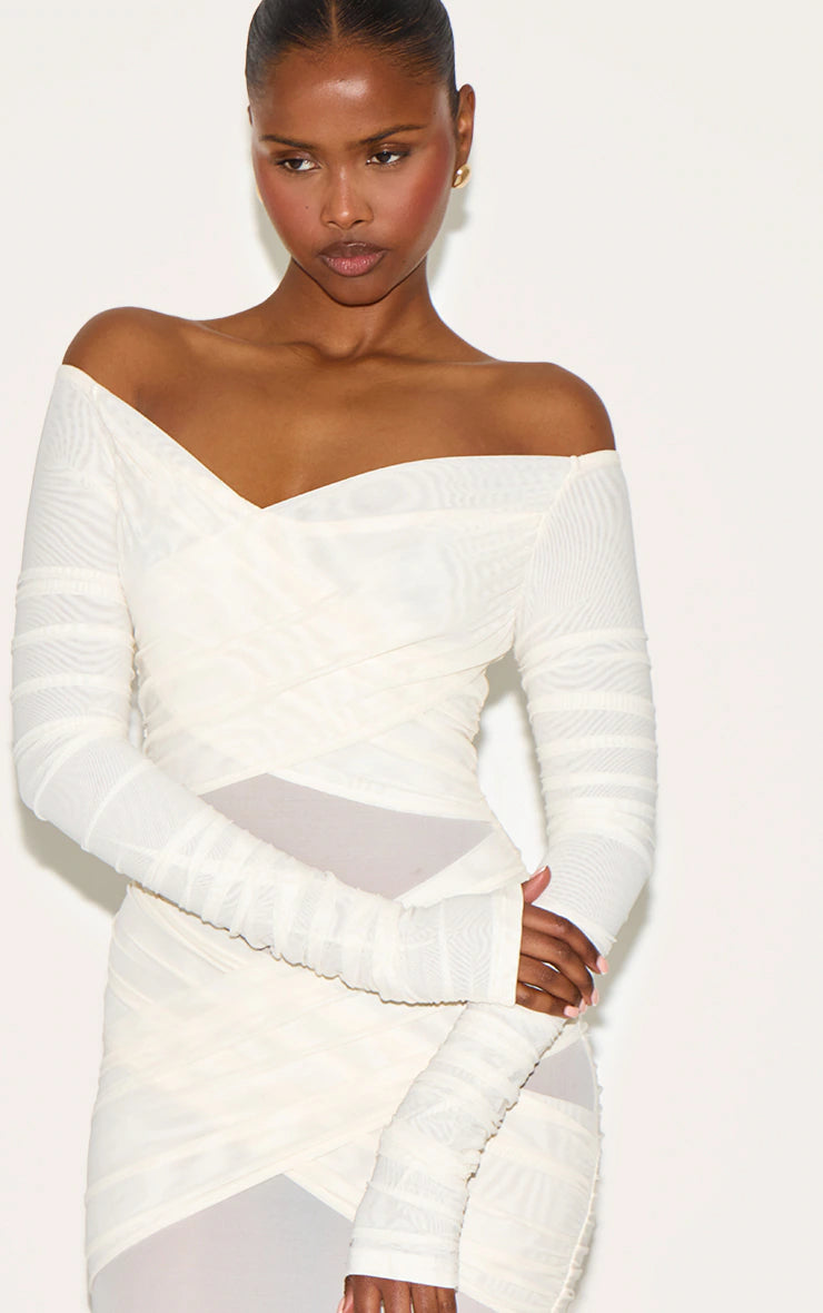 Cream Bandage Mesh Bardot Layered Ruched Maxi Dress