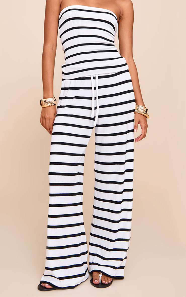 Black Striped Drawstring Slouchy Wide Leg Pants