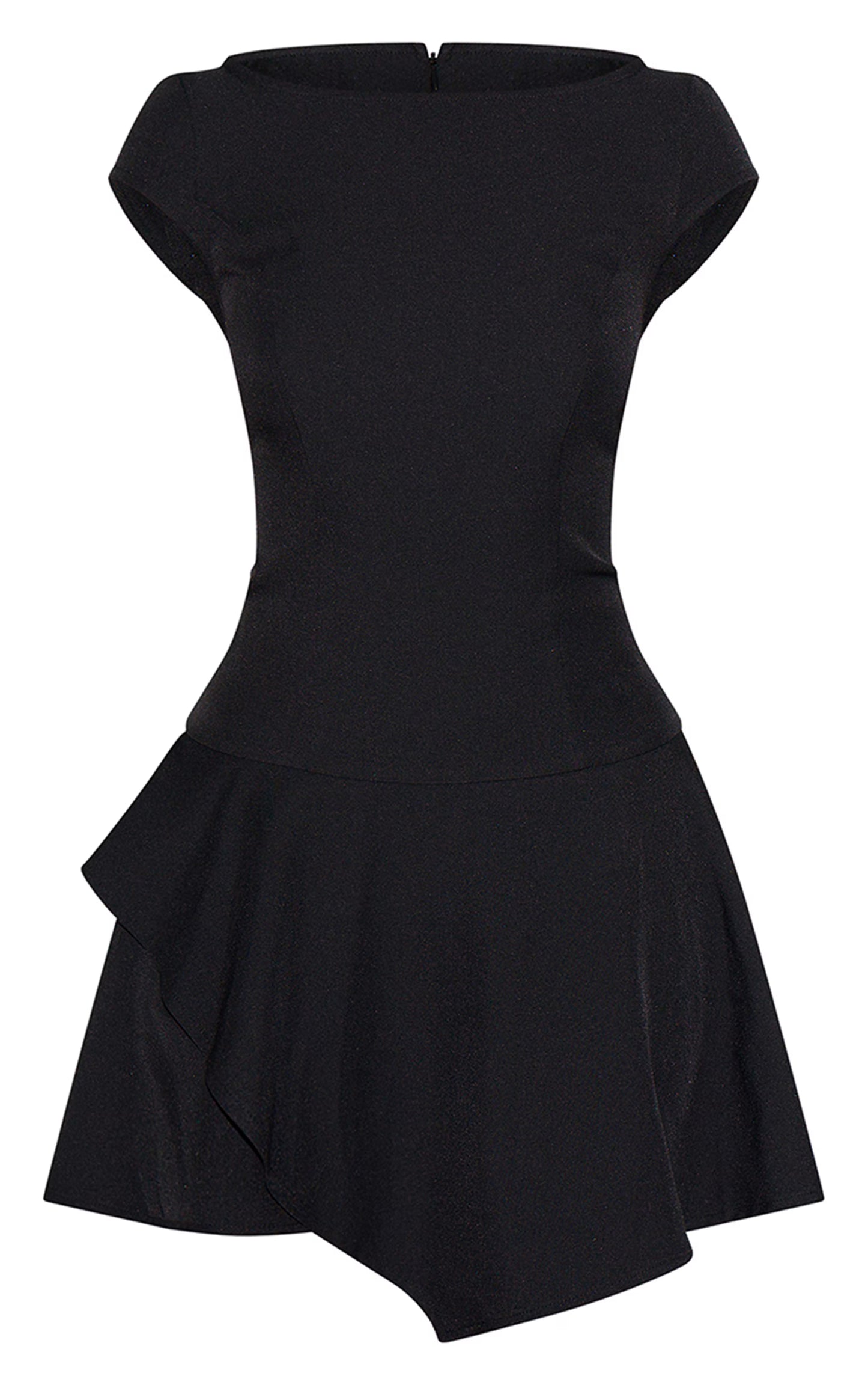 Black Woven Capped Sleeve Asymmetric Layered Shift Dress