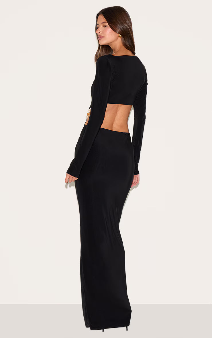Black Double Slinky Trim Detail Cut Out Maxi Dress