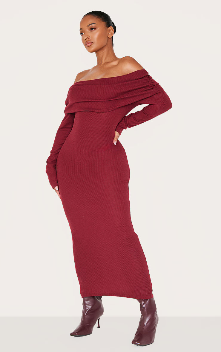 Shape Burgundy Rib Bardot Long Sleeve Maxi Dress