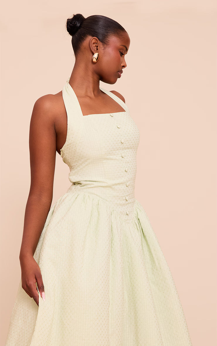 Sage Embroidered Cotton Halterneck Midaxi Dress