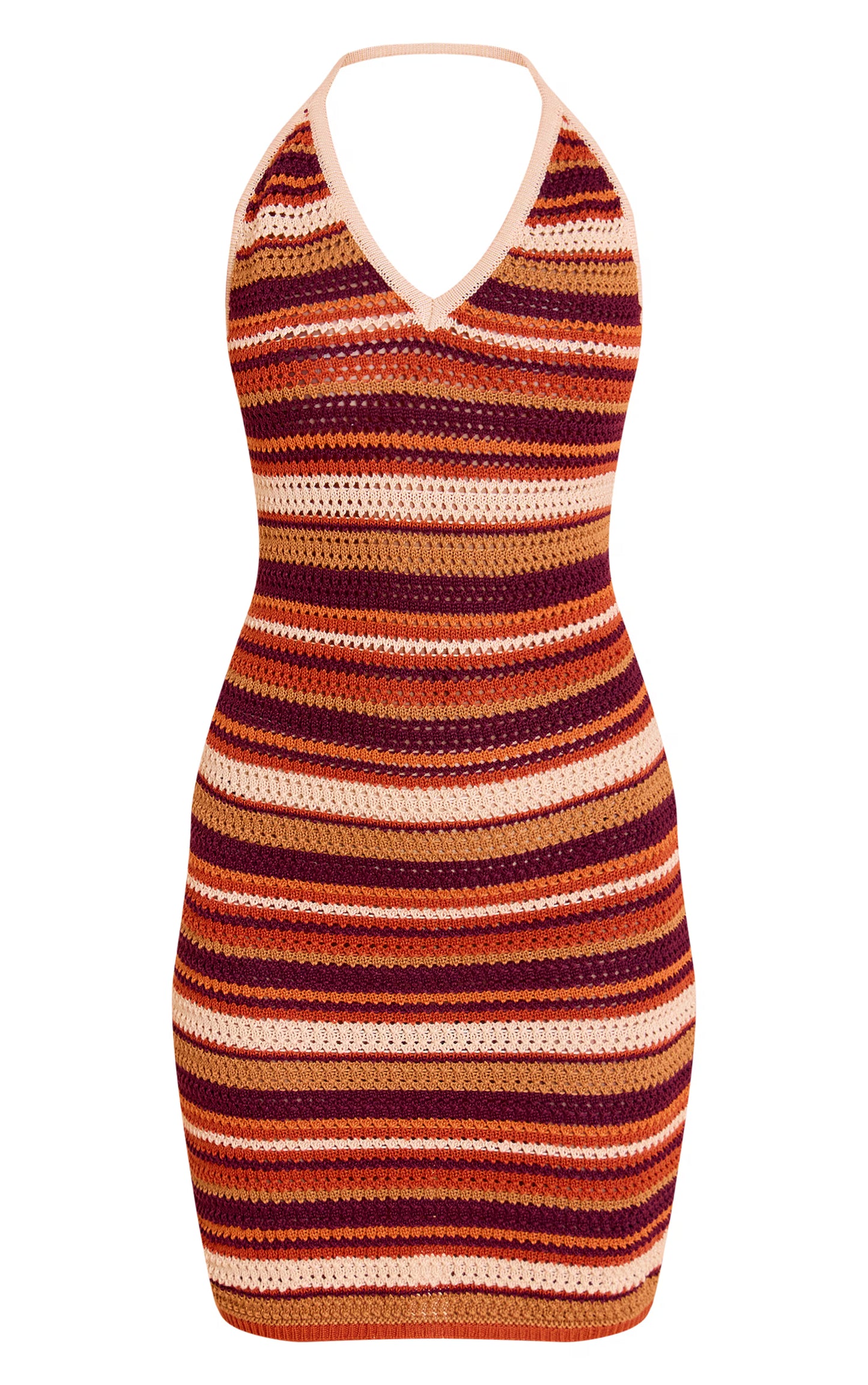 Multi Stripe Crochet Halter Neck Mini Dress