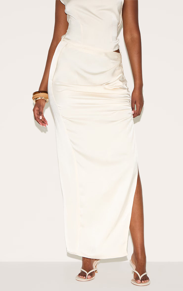 Cream Ruched Satin Split Detail Maxi Skirt