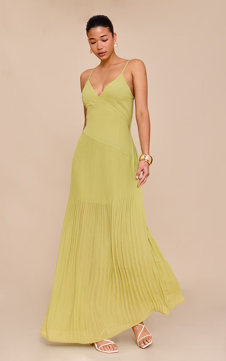 Lime Woven Pleated Hem Detail Spaghetti Maxi Dress
