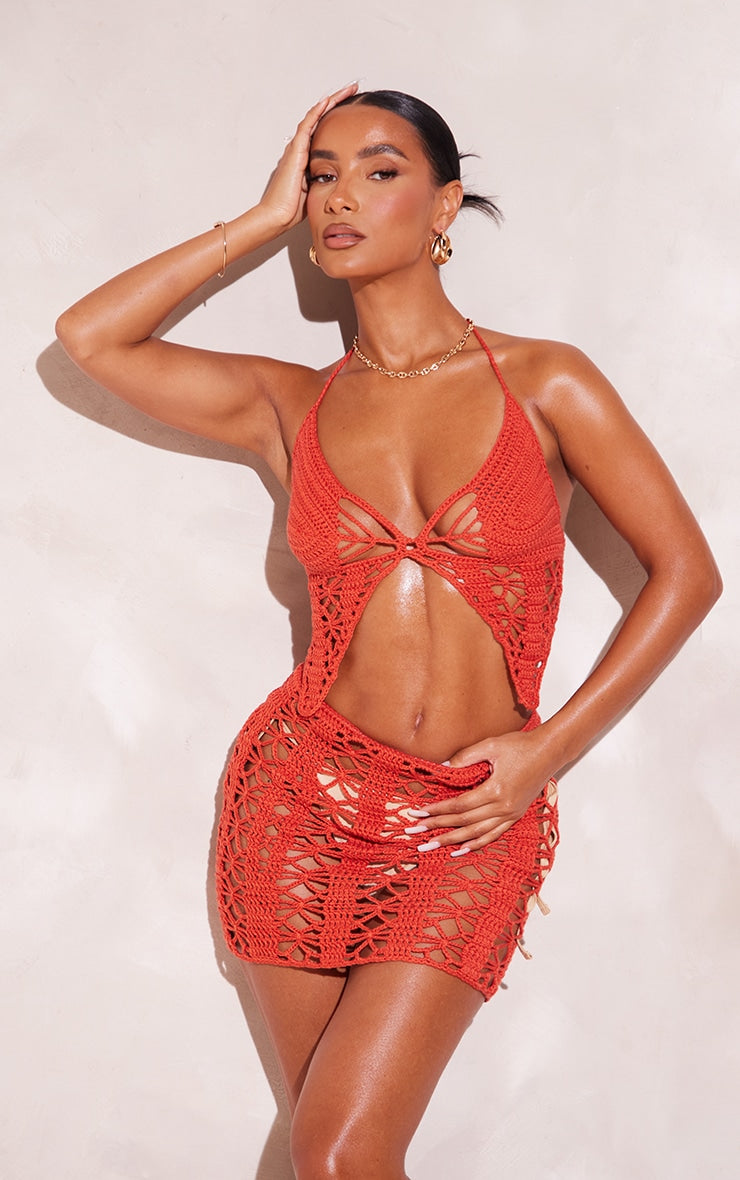 Rust Flower Contrast Crochet Mini Skirt