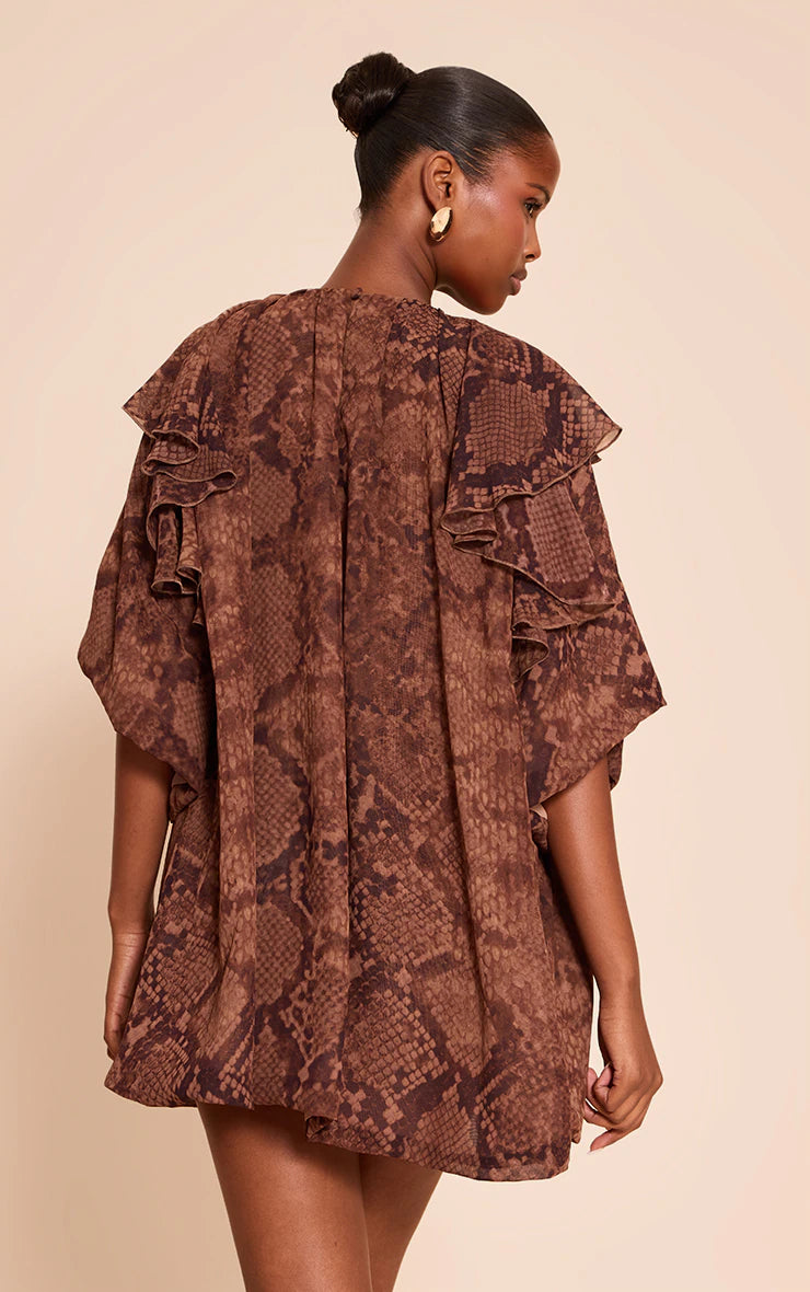 Brown Snake Print Frill Boxy Dress