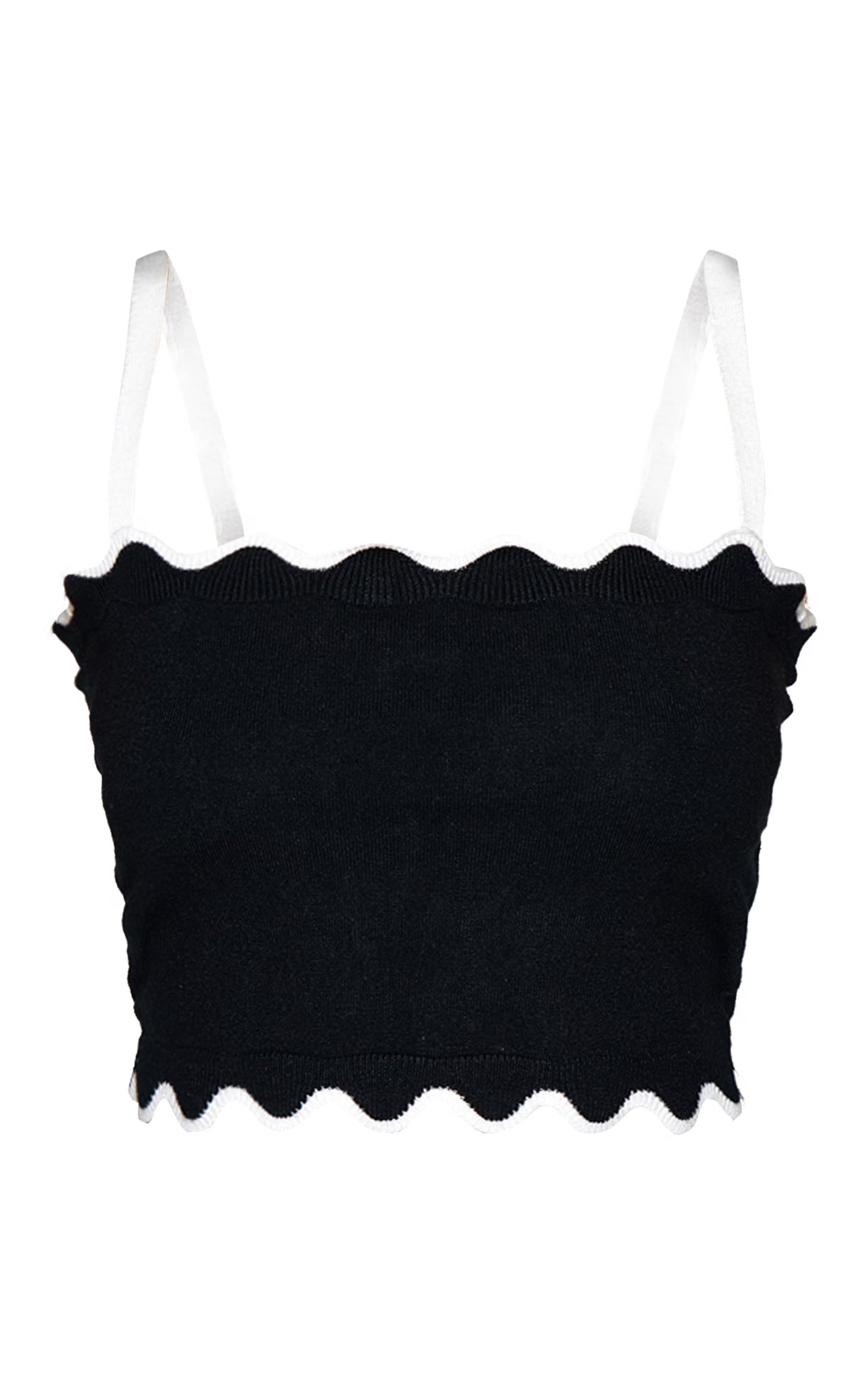Black Contrast Soft Knit Scallop Hem Cami Top