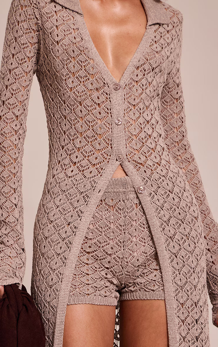 Taupe Crochet Knit Maxi Cardigan