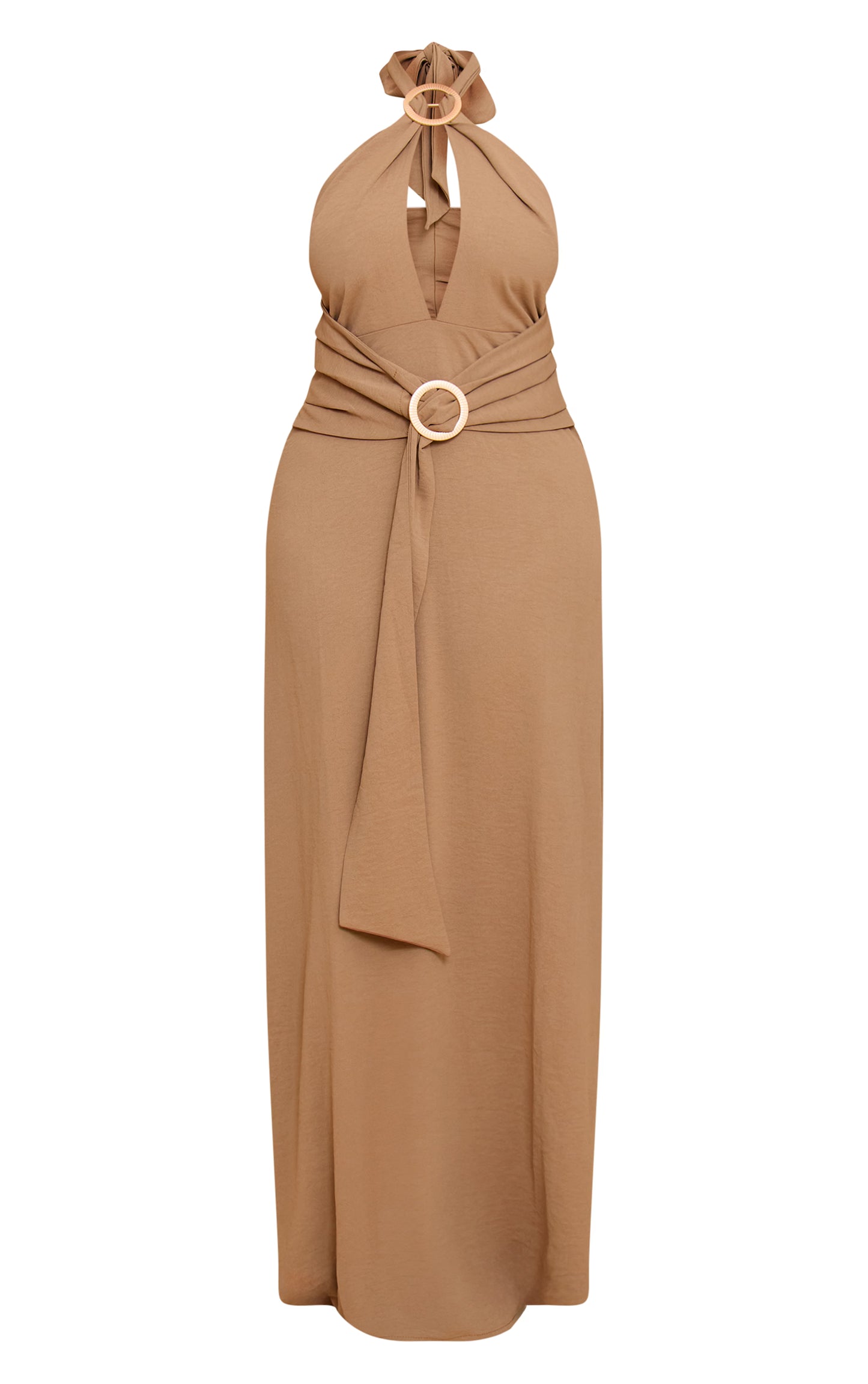 Shape Khaki Hammered Satin Ring Detail Halter Maxi Dress