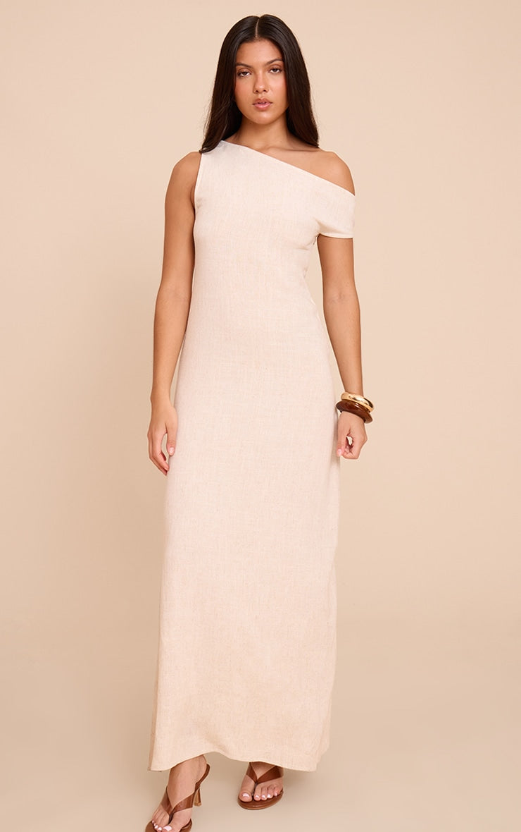 Natural Textured Woven Asymmetric One Shoulder Maxi Dress