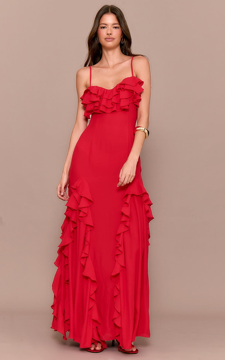 Red Frill Cup Detail Maxi Dress