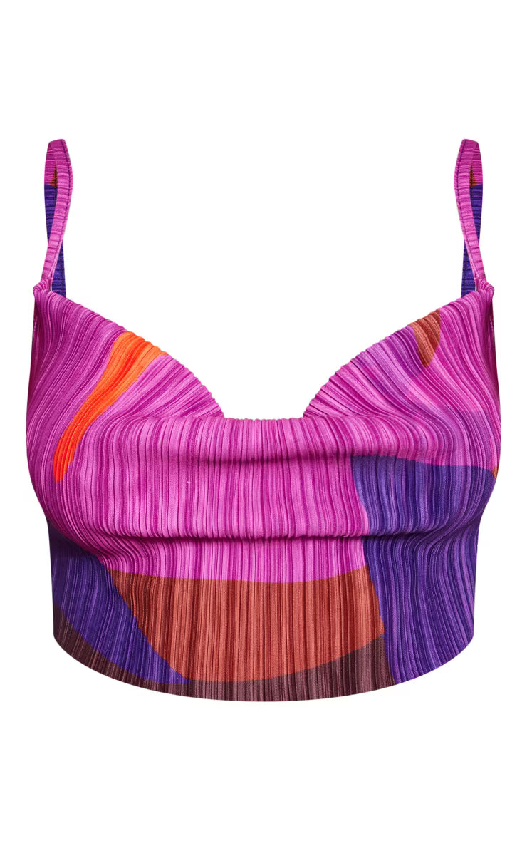 Pink Print Plisse Strappy Cowl Neck Top