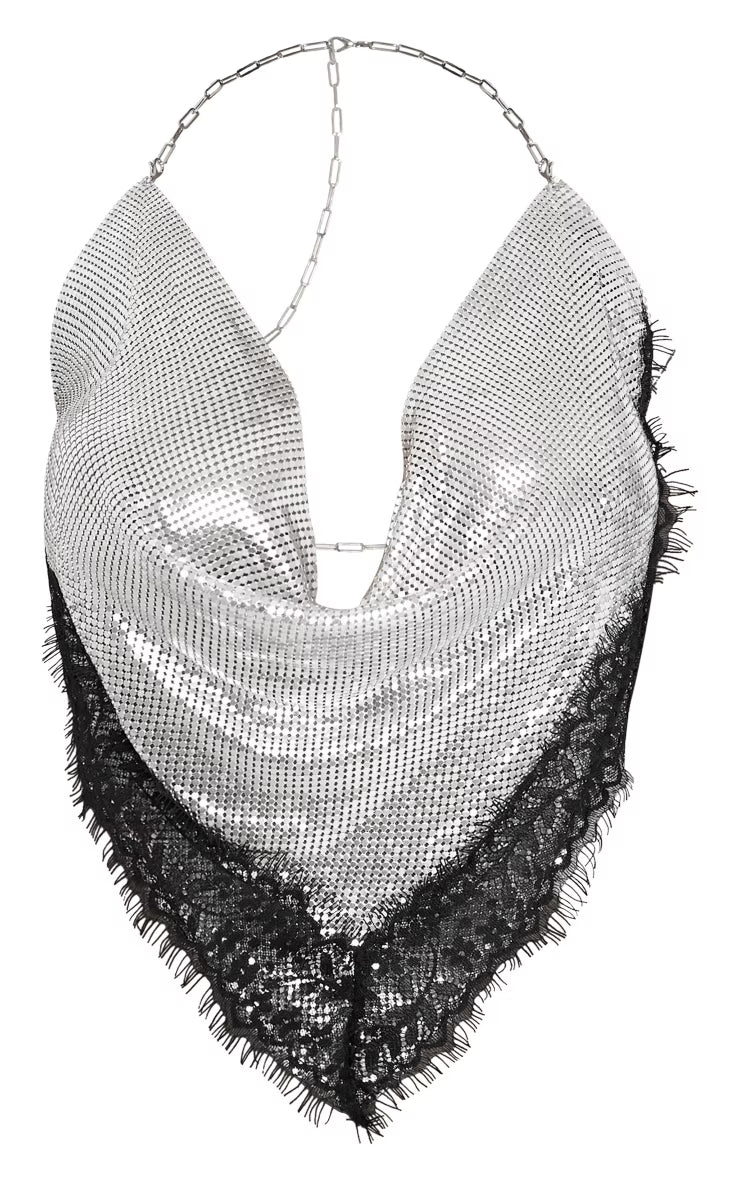 Petite Silver Lace Detail Chainmail Crop Top