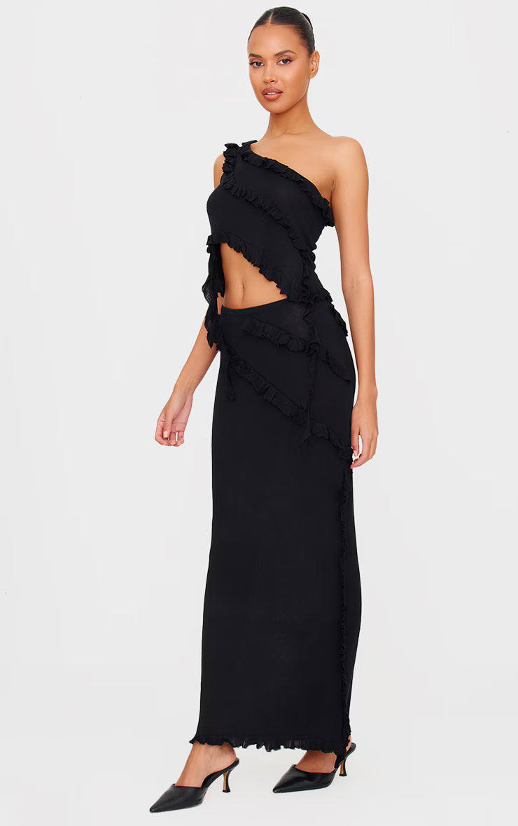 Black Rib Knit Frill Detail Asymmetric Top