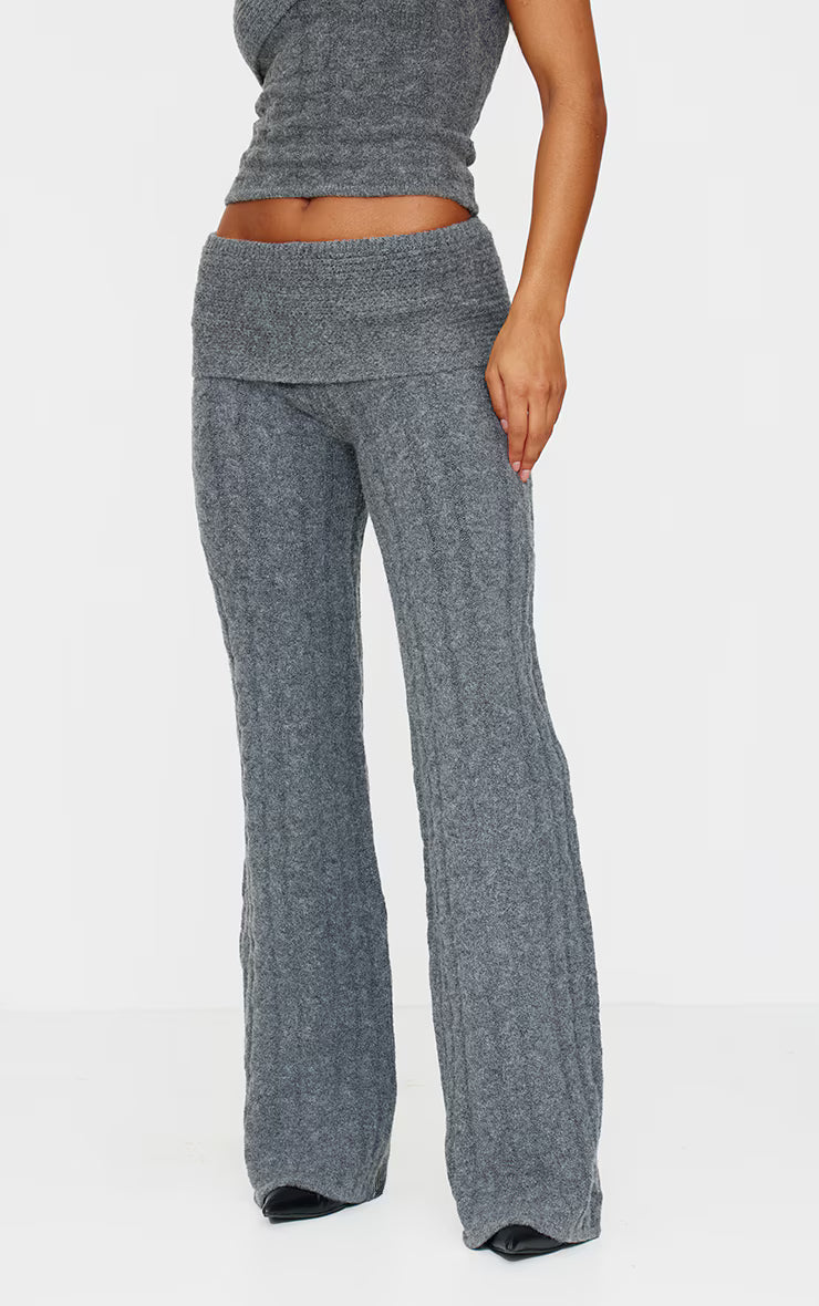 Charcoal Marl Textured Knit Foldover Wide Leg Pants