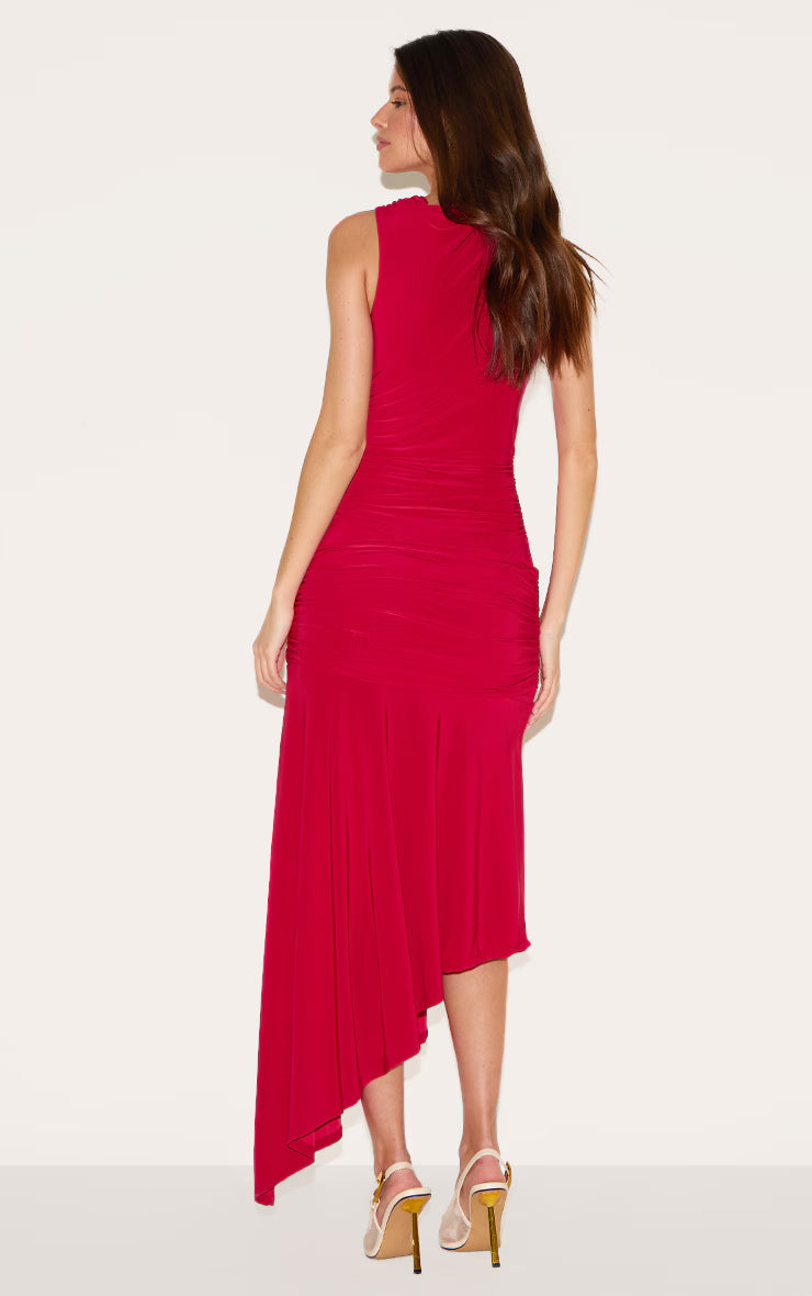 Red Double Layer Slinky Asymmetrical Ruched Midaxi Dress