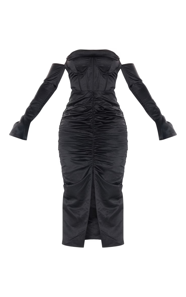 Black Premium Constructed Satin Draped Front Midi Dress