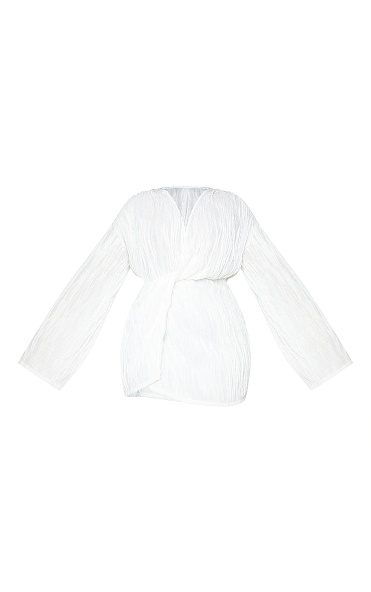 Plus White Textured Wrap Front Dress