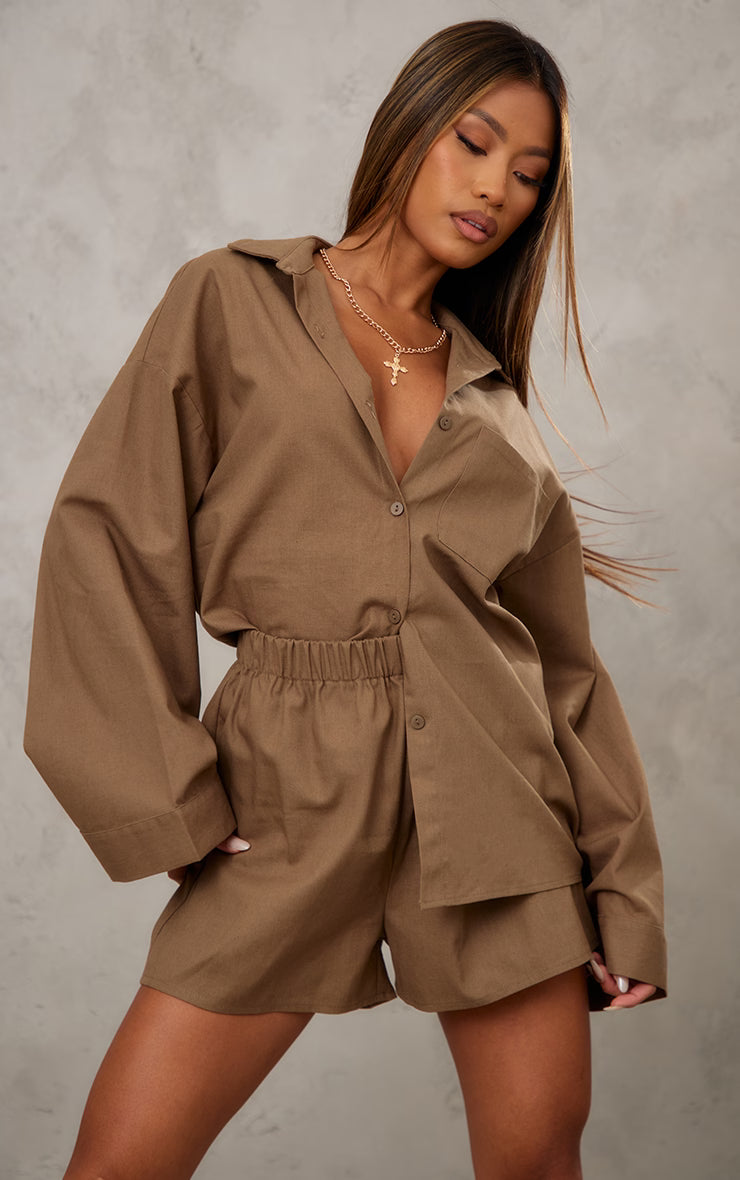 Khaki Woven Elastic Waist Floaty Shorts