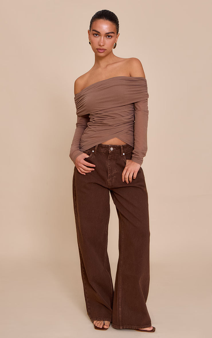Mushroom Stretch Chiffon Ruching Bardot Detail Long Sleeve Top
