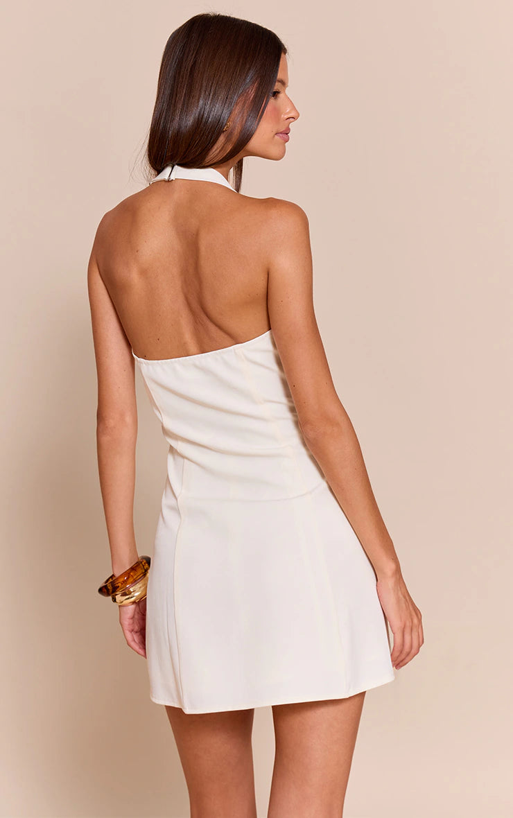 White Buckle Detail Halterneck Shift Dress