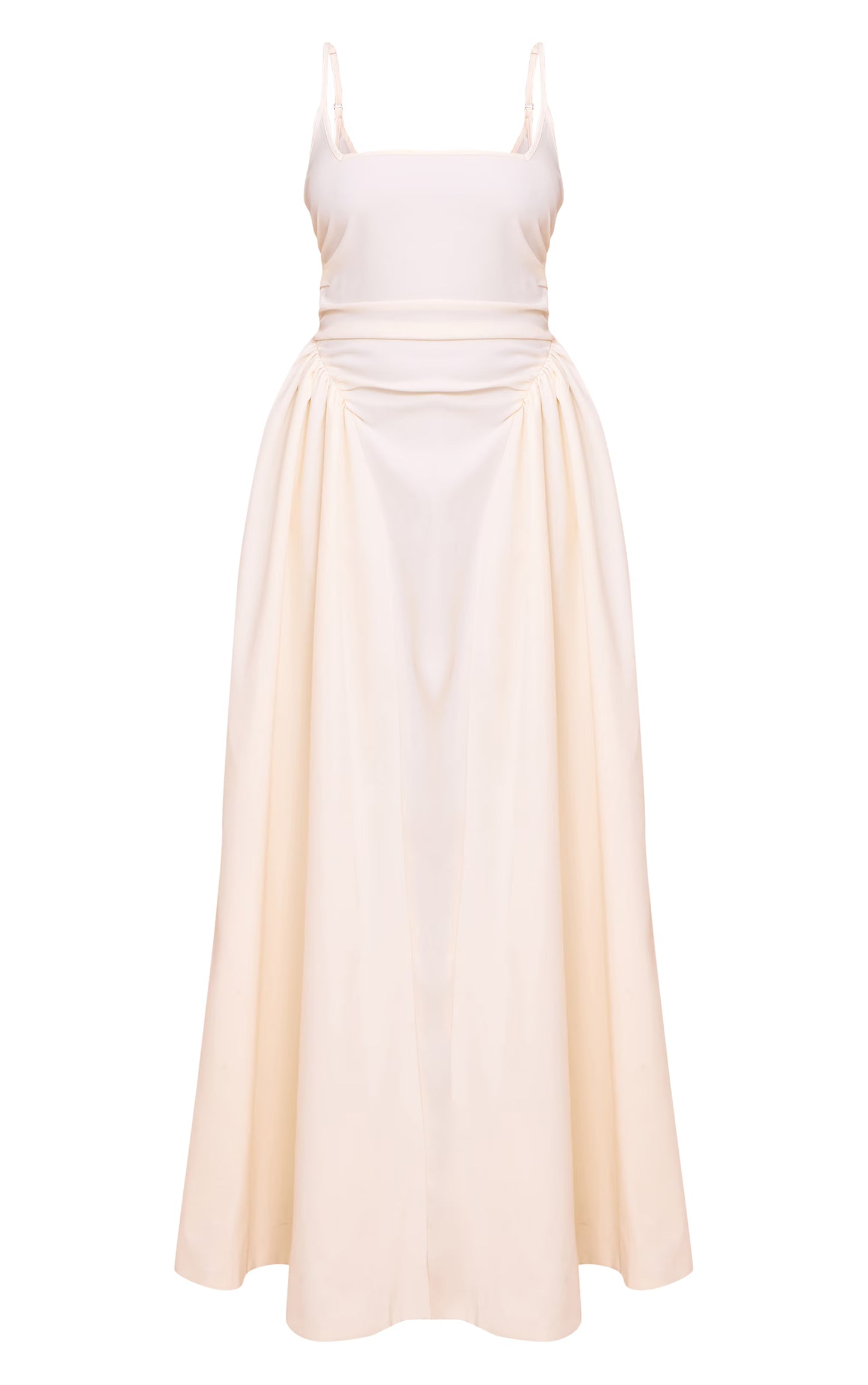 Cream Woven Ruched Strappy Midi Dress