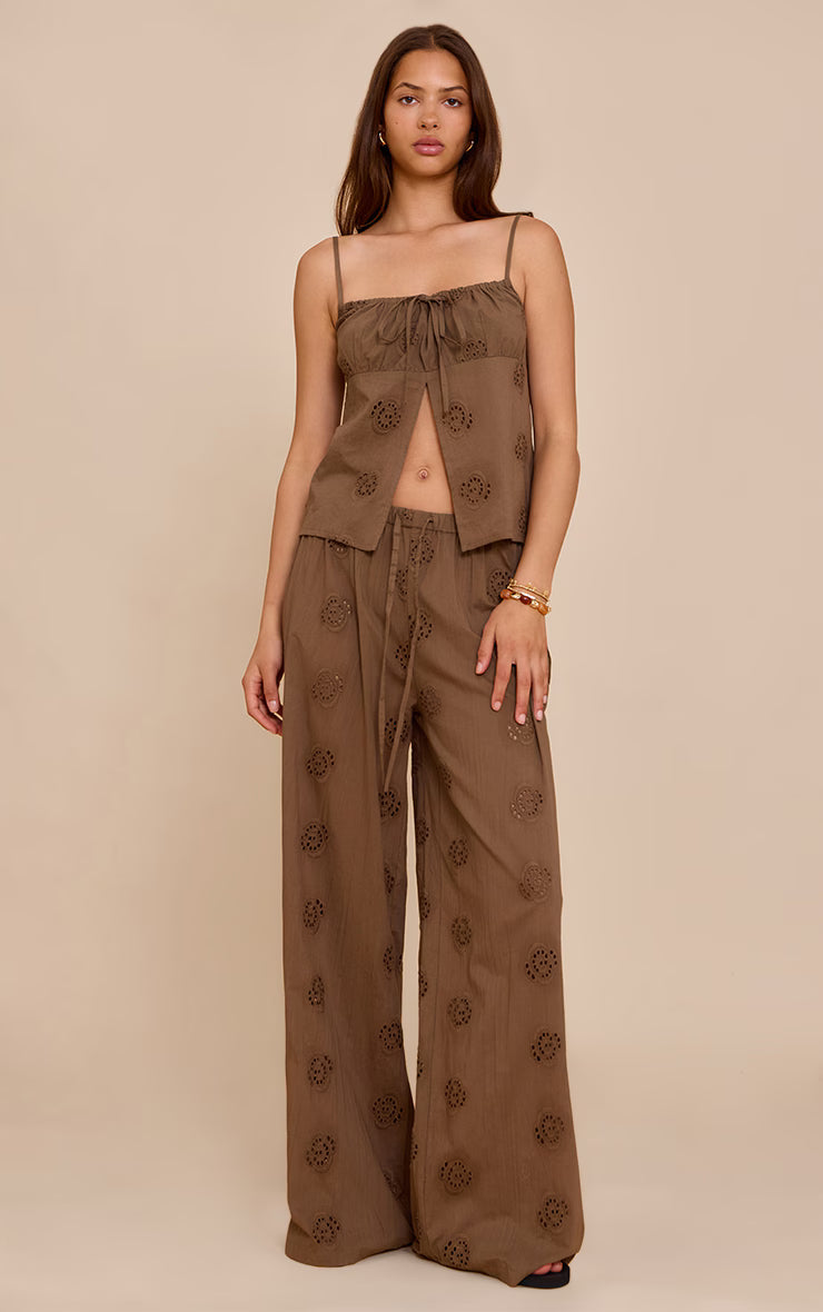 Brown Broderie Swirl Detail Floaty Top