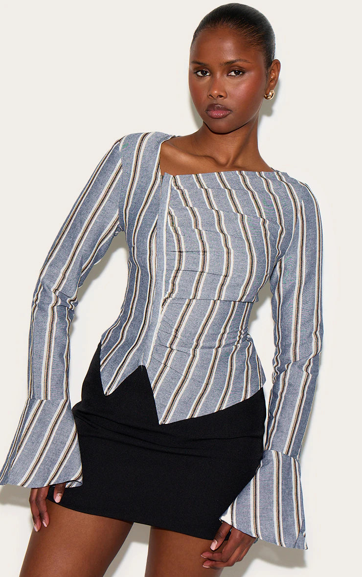 Blue Striped Asymmetric Hem Top
