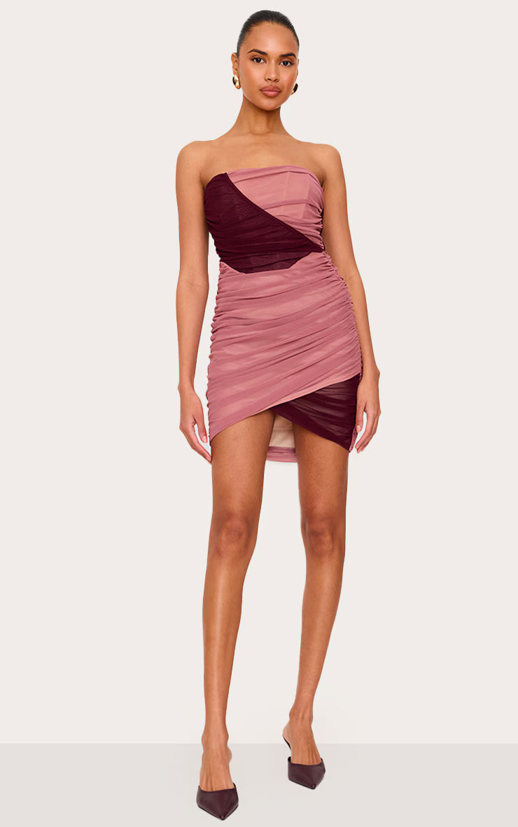 Light Pink Mesh Contrast Bandeau Mini Dress
