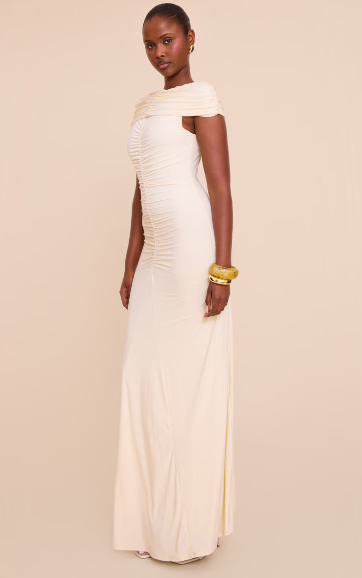 Almond Slinky Bardot Ruched Detailing Maxi Dress