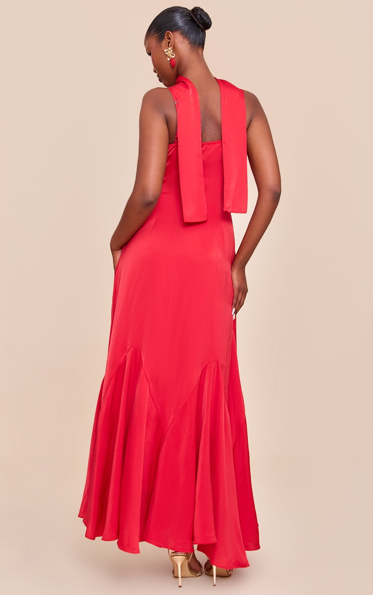 Red Satin V Neck Maxi Dress