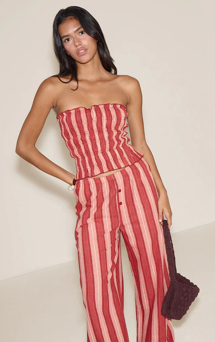 Red Shirred Bandeau Top