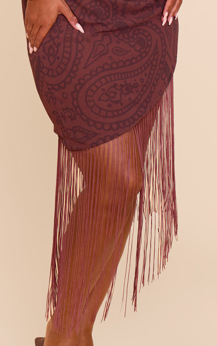 Shape Chocolate Paisely Print Fringe Hem One Shoulder Mini Dress