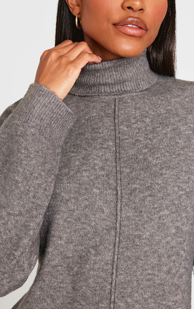 Charcoal Soft Knit Roll Neck Oversized Seam Detail Sweater Dress