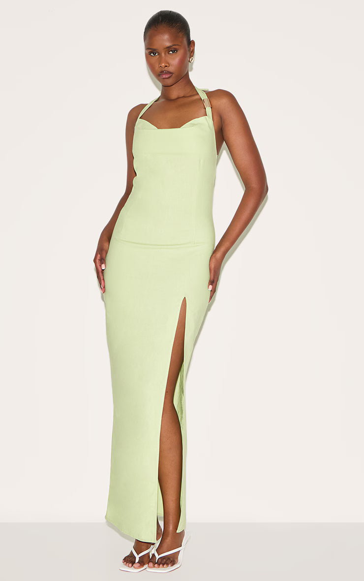 Pale Lime Woven Halterneck Maxi Dress