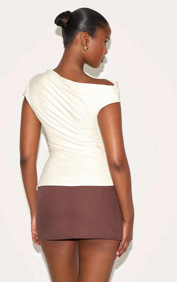 Almond Soft Touch Ruched Asymmetric Longline Top