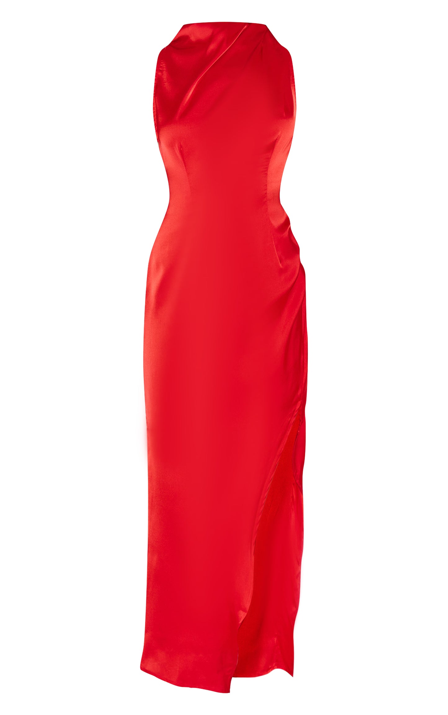 Red Satin High Neck Ruched Back Detail Midi Dress