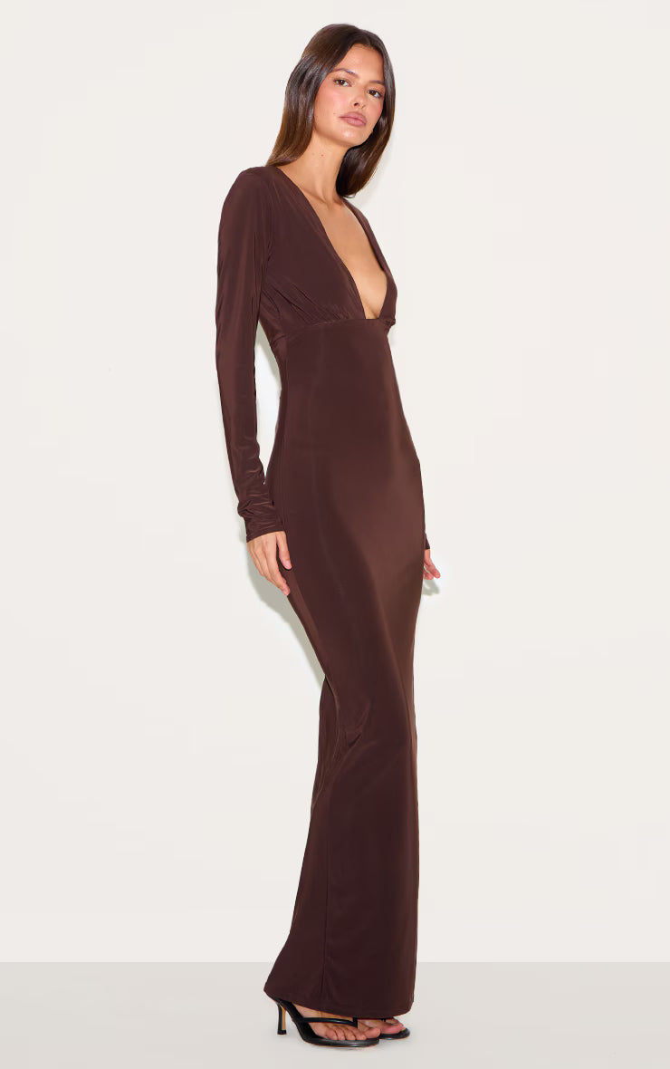 Deep Chocolate Double Layer Deep Plunge Maxi Dress