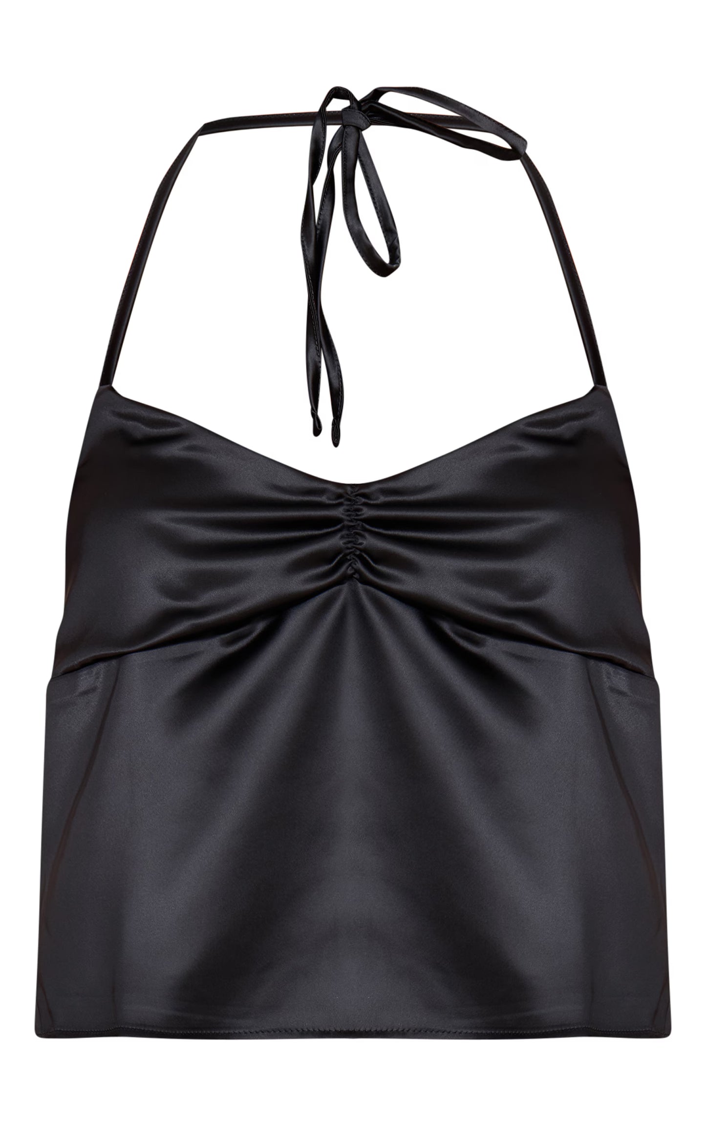 Black Satin Ruched Backless Tie Cami Top