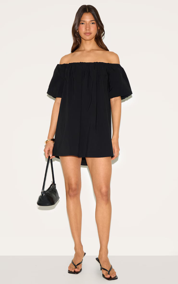 Black Bardot Puff Sleeve Shift Dress