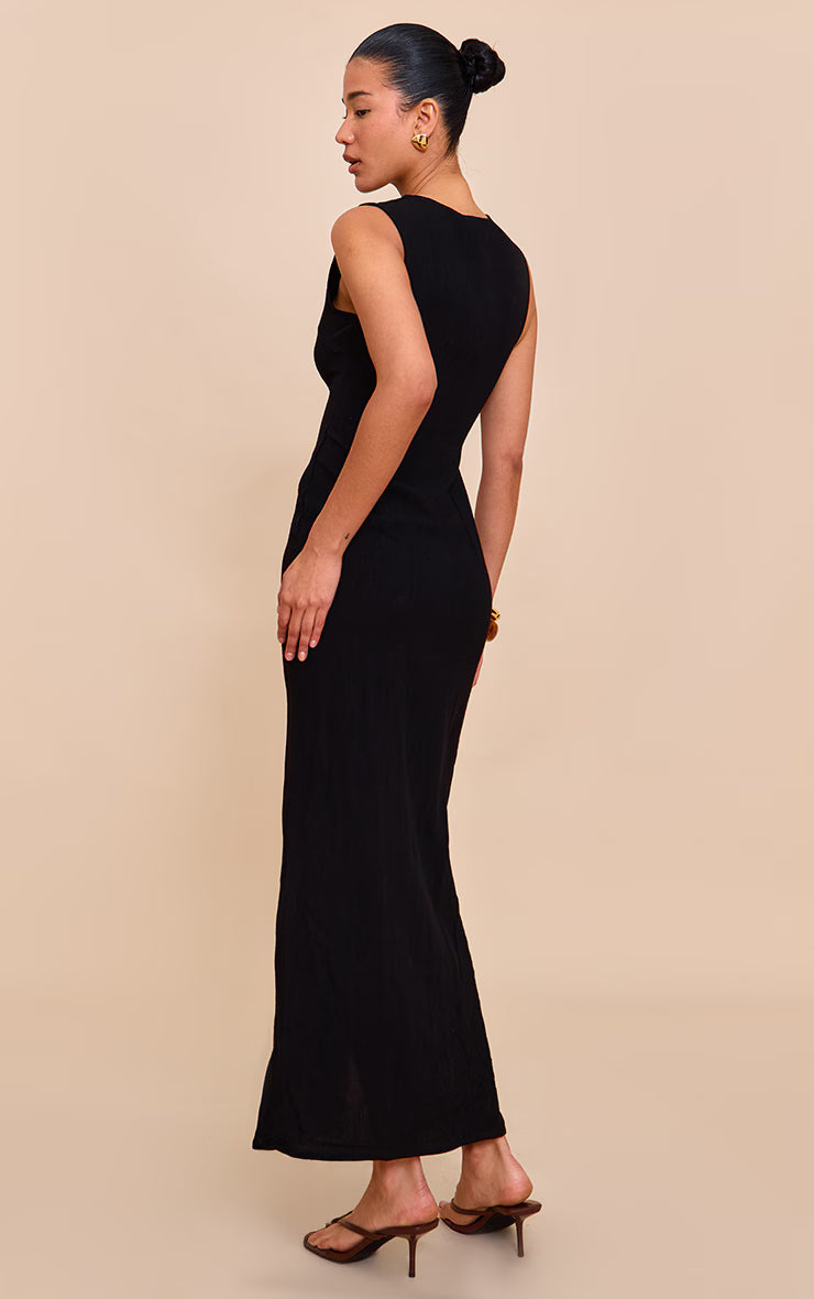 Black Textured Button Down Sleeveless Maxi Dress