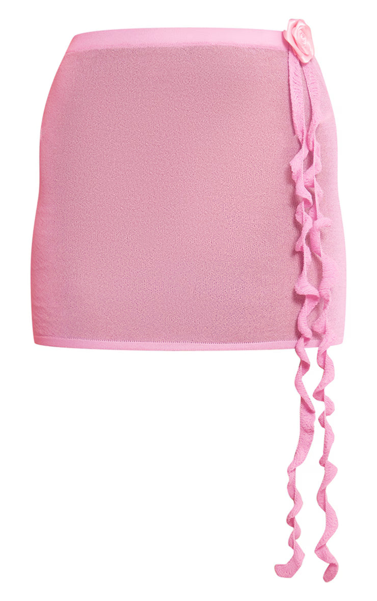 Baby Pink Flower Embellished Sheer Knit Mini Skirt