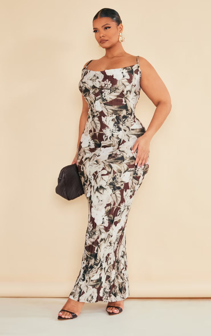 Plus Brown Floral Printed Plisse Cowl Neck Maxi Dress