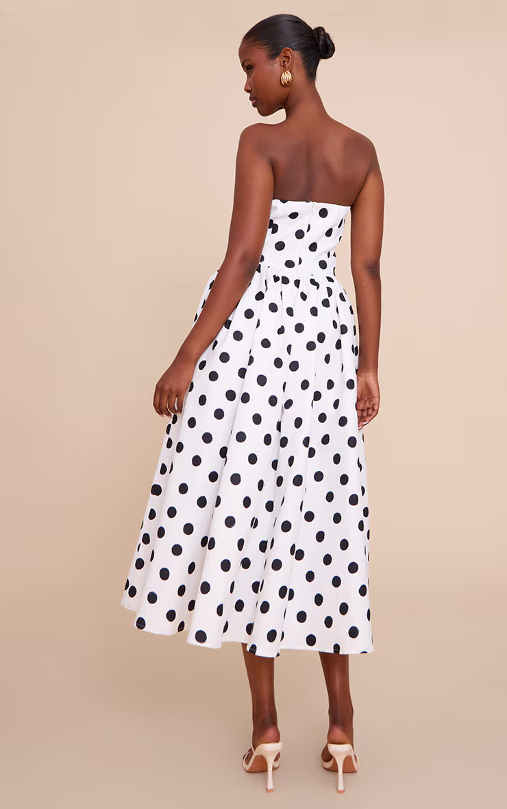 Monochrome Polka Dot Woven Bandeau Ruched Skater Midaxi Dress